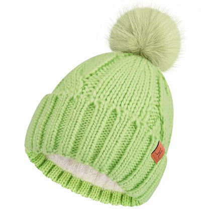 FZ FANTASTIC ZONE Womens Pom Pom Winter Warm Beanie Hat Cap Fleece Lined - color: Green