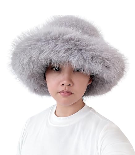 Lina & Lily Oversized Winter Faux Fur Bucket Hat for Women - Long Pile Fur Wide Moldable Brim - color: Light Gray