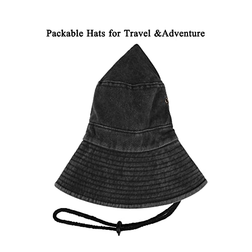 Unisex Cotton Boonie Hat Summer Fishing Bucket Hat Sun Hat with String - color: Retro Black