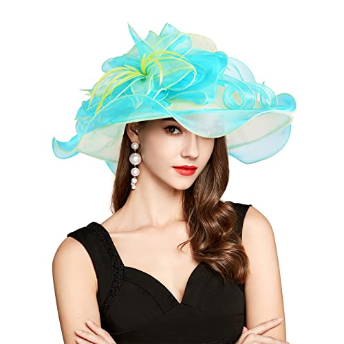 2026 Derby Hat, Classy Sun Hats for Women Ladies, Organza Feather Kentucky Fascinator for Tea Party Church UV Protection - color: D2867-green+bule