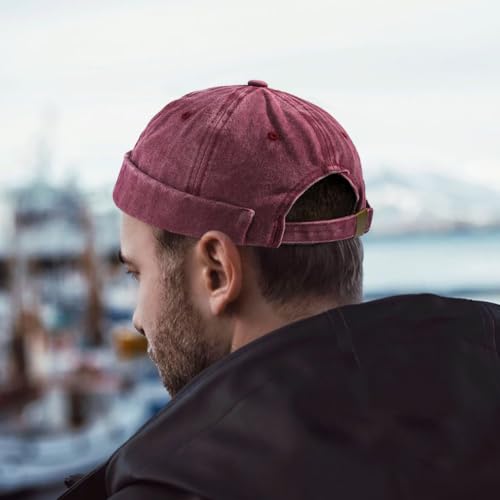 Initlove Docker Hat for Men Vintage Brimless Sailor Hat Beanie Cap - color: Black + Wine Red