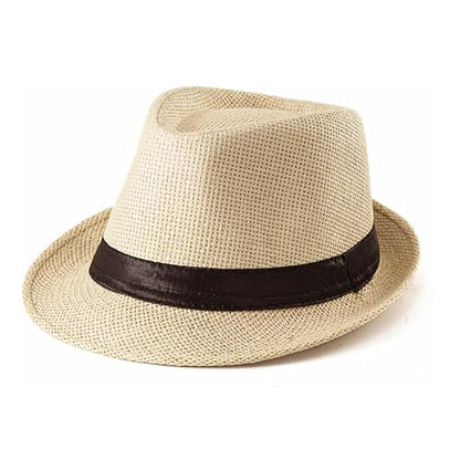 Straw Fedora Hat for Men Panama Hat Short Brim Summer Sun Hat - color: Black Belt-khaki