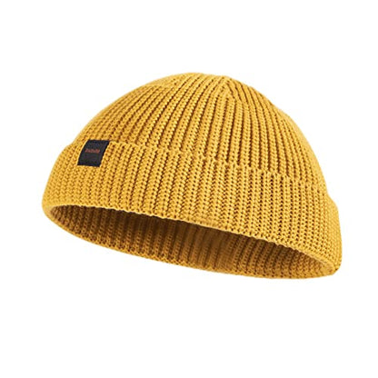 Fisherman Beanie Hats for Men Women,Knit Trawler Skull Cap,Watch Cap,Spring Fall Winter Warm Short Hats - color: (Cotton)-mustard-m