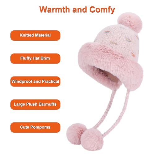 Women Winter Sherpa Beanie Hats Knit Ear Flap Hat Fleece Lined - color: Pink With 3 Pompoms