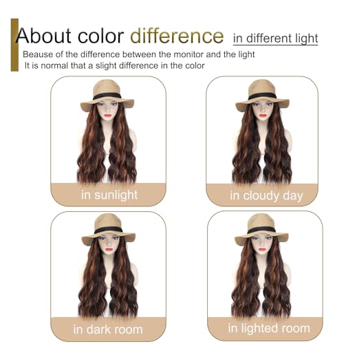 Hat Wig Panama Hat with Mix Brown Long Wave Hair Attached for Women Khaki Color Wide Brim Straw Beach Sun Hat Wig - color: K-Mbrown