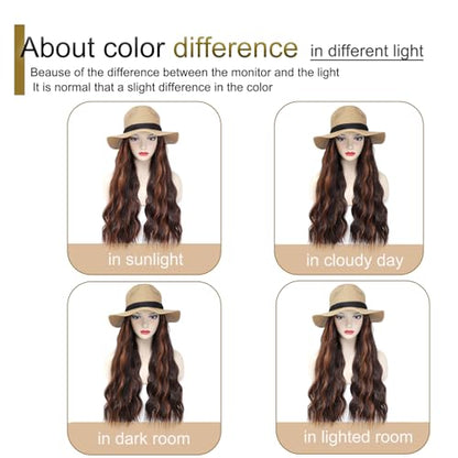 Hat Wig Panama Hat with Mix Brown Long Wave Hair Attached for Women Khaki Color Wide Brim Straw Beach Sun Hat Wig - color: K-Mbrown