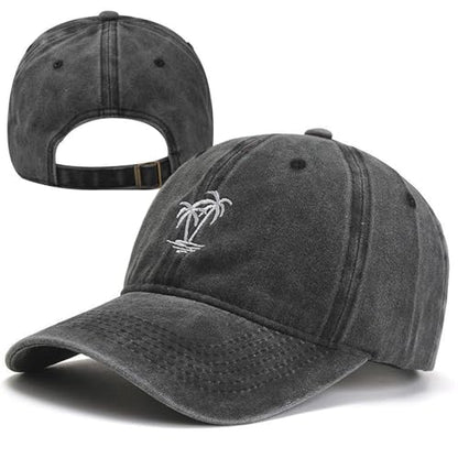 Plam Trees Hats Embroidered Washed Cotton Baseball Cap for Men Women Distressed Black Snapback Baseball Hat Adjustable - color: Plam Tree