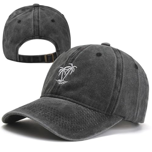 Plam Trees Hats Embroidered Washed Cotton Baseball Cap for Men Women Distressed Black Snapback Baseball Hat Adjustable - color: Plam Tree
