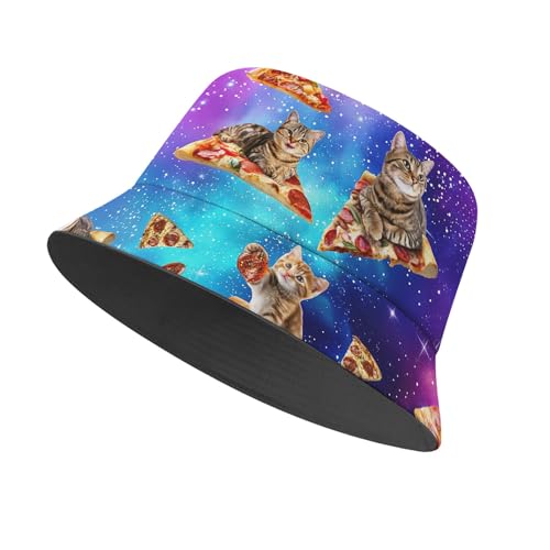 Amasnay Neon Bucket Hat Cotton Double-Side-Wear Reversible Sun Hat for Women Men, Summer Vacation Travel Beach Fisherman Hat - color: Galaxy Cat Pizza Space