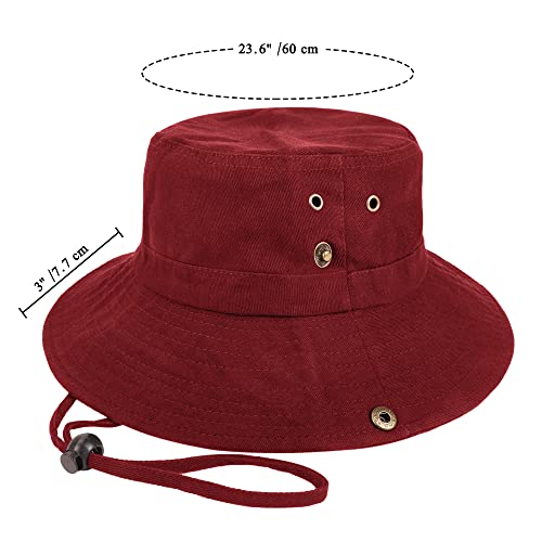 Unisex Cotton Boonie Hat Summer Fishing Bucket Hat Sun Hat with String - color: Solid Dark Red