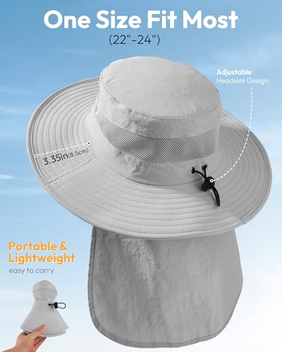 Sun Hats for Men Wide Brim Bucket Hat with Neck Flap for Fishing & Hiking Mens Sun Hat for UV Protection - color: Light Grey