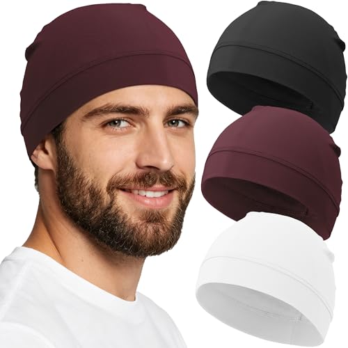 3-Pack 100% Cotton Skull Cap for Men Women Helmet Liner Caps - color: 3pcs-black,white,wine Red