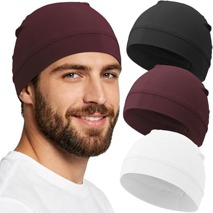 3-Pack 100% Cotton Skull Cap for Men Women Helmet Liner Caps - color: 3pcs-black,white,wine Red