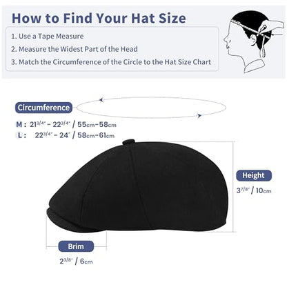 Men's Wool Blend Newsboy Cap Adjustable Gatsby Ivy Newsies Cabbie Hat Classic 8 Panel Tweed Flat Winter Hat - color: Pure Black, size: Large
