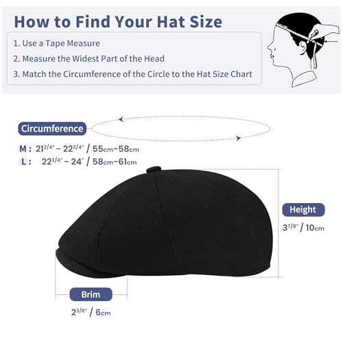 Men's Wool Blend Newsboy Cap Adjustable Gatsby Ivy Newsies Cabbie Hat Classic 8 Panel Tweed Flat Winter Hat - color: Pure Black, size: Medium