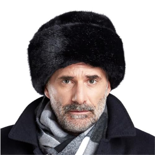 Men Winter Trapper Hat Faux Mink Fur Trooper Hat Russian Ushanka Cossack Hunting Dad Hat Outdoor Ski Snow Cap - color: Black