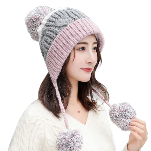 HUAMULAN Women Winter Sherpa Knit Beanie Hat Fleece Lined Ear Flaps - color: Pink