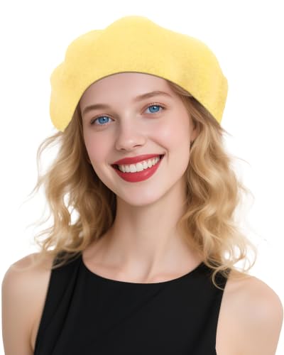 French Beret Hats for Women - Wool Solid Color Beanie Cap - color: Lemon Yellow