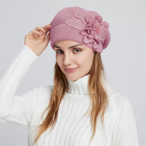 Flower Women Beret, Double Layer Thickened Winter Knitted Beanie Beret Hat, Stylish French Dress Beret Hats for Women - color: Lavender