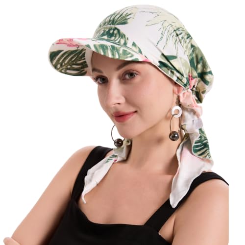 ZLYC Chemo Headwear for Women Brim Visor Head Scarf Pre Tied Headwraps Lightweight Skull Cap - color: Leaves Beige