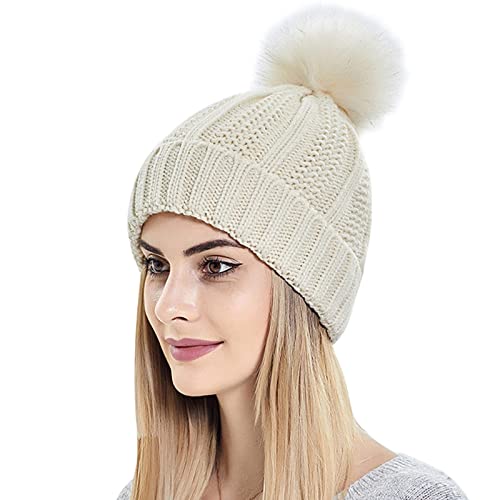 Muryobao Womens Satin Lined Beanie Hat with Faux Fur Pom Cuffed Winter Warm Knit Skull Cap - color: Beige
