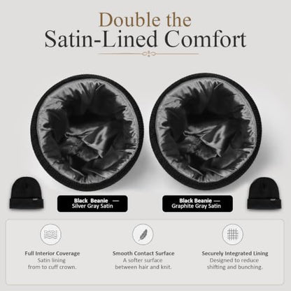 2 Pack Satin Lined Beanies for Men and Women Warm Cuffed Winter Hats - color: Black+black