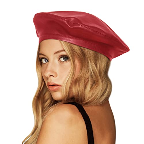 Wheebo PU Leather Berets for Women French Beret Hats Artist Painter Hat Classic Solid Style - color: Red