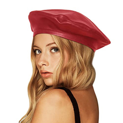 Wheebo PU Leather Berets for Women French Beret Hats Artist Painter Hat Classic Solid Style - color: Red