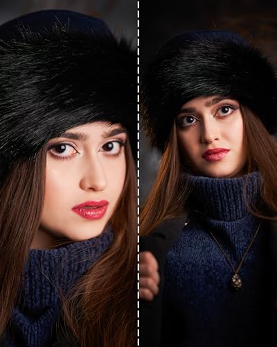 Futrzane Faux Fur Trim Hat for Women - color: Navy Blue - Black, size: X-Small