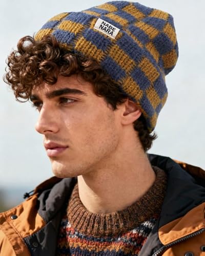 CLAPE Womens Cute Slouchy Beanies Hats, Winter Warm Chunky Checkered Beanie Large Cuff Knitted Hat Ski Cap for Cold Weather - color: Kh56-navy-yellow