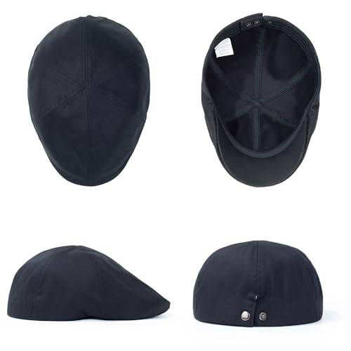 Men's 100% Cotton Newsboy Cap, Adjustable Ivy Cabbie Flat Hat, Soft Lightweight for Golf Camping Daily Wear - color: Black, size: Large