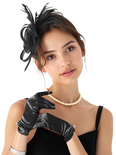 2Pcs 50s Fascinators Hats for Women Wedding Cocktail Flower Mesh Ribbons Feathers Church Tea Party Hats and Lace Glove - color: Black