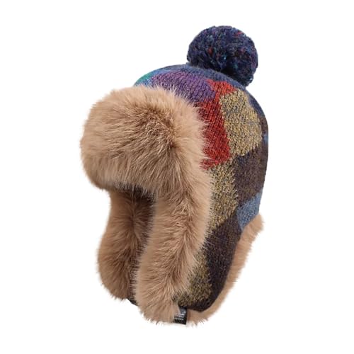 Women's Colorful Knit Trapper Hat with Faux Fur Ear Flaps & Pom Pom,Warm Winter Beanie Hat, Windproof Snow Skull Caps - color: Colorful-blue