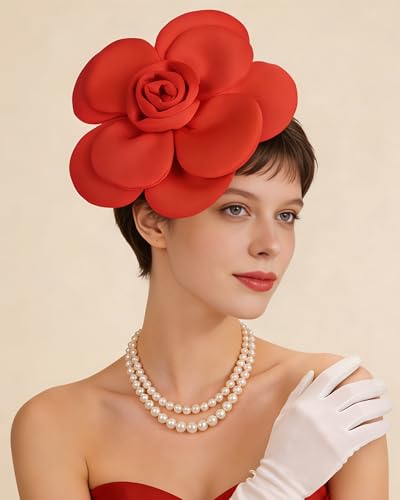 Zinniday Rose Flower Fascinators Hats - 2026 Elegant Extra Large Fascinator Hat Rose Cocktail Headpiece for Women Church - style: Red Large Flower
