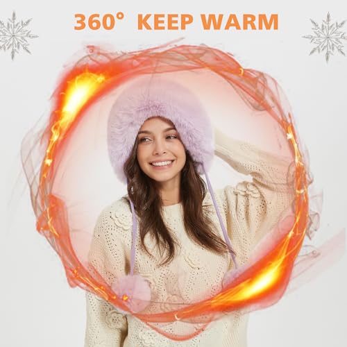 Winter Hats Cute Kint Hat Russian Fur Crochet Hat Slouchy Beanies with Pompom Warm Fuzzy Snow Cap Trapper Hat for Women - color: Light Purple