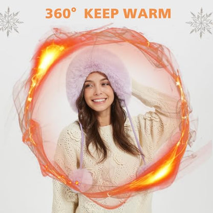 Winter Hats Cute Kint Hat Russian Fur Crochet Hat Slouchy Beanies with Pompom Warm Fuzzy Snow Cap Trapper Hat for Women - color: Light Purple