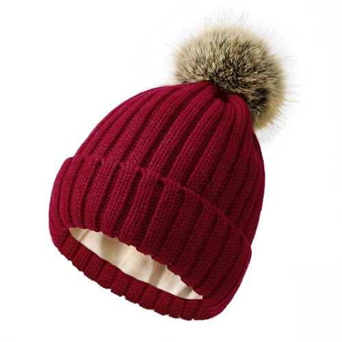 Zando Women's Satin Lined Beanie with Faux Fur Pom Pom - color: Wine Red