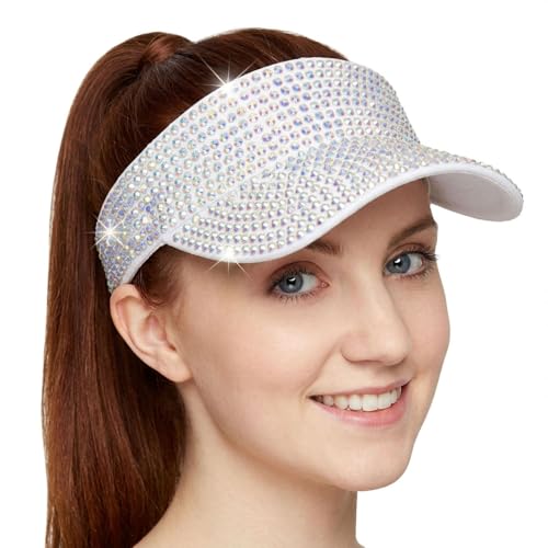 Women Shiny Rhinestone Bling Sun Visor Adjustable Tennis Beach Ponytail Hat - color: White Hat+white Rhinestone
