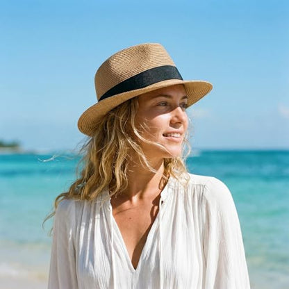 DRESHOW Women Straw Panama Hat Travel Fedora Beach Sun Hat Summer Wide Brim Straw Roll up Hat UPF 50+ - color: 1 Pc Roll Up Hat: Khaki + 2 Replaceable Bands