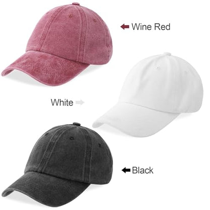 MEINICY 3 Packs Washed-Cotton Plain Baseball Cap, Adjustable Dad Hat - color: Black + White + Wine Red