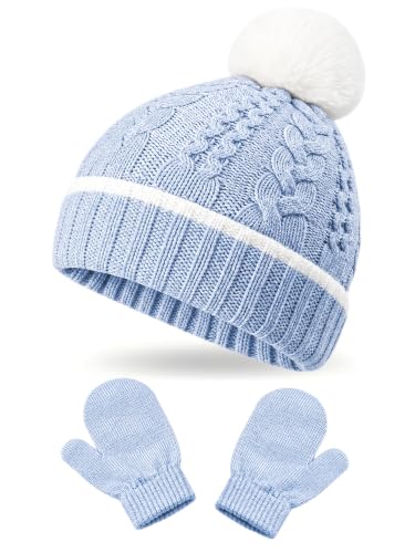 2 Pack Kids Winter Warm Beanie & Mittens Set, Soft Cable Knit Hat for Children's Toddler Baby, Cozy Cap & Gloves Pink - color: Blue, size: Small