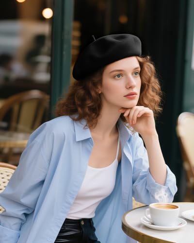 French Beret Hats for Women - Wool Solid Color Beanie Cap - color: Black