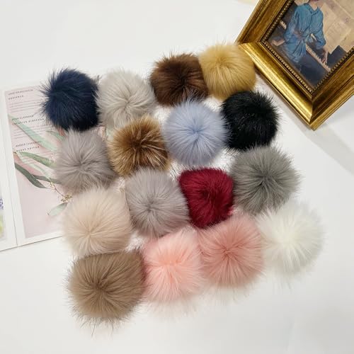 Allruyee 32 Pieces Pom Pom Faux Fur Pom Pom for Hats, Keychains, Scarves, Gloves & Bags Accessories with Elastic Loop, 16 Colours - color: Dark Color