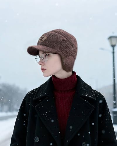 CLAPE Cozy Head Beanies with Brim, Small Billed Beanie for Cold Weather Mens Winter Warm Knit Hat with Ear Flaps - color: Kh25d18-brown