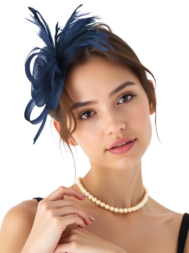 Fascinators Hats for Girls and Women Feather Tea Party Hats Weddinh Mesh Hat with Headband and Clip - color: Blue