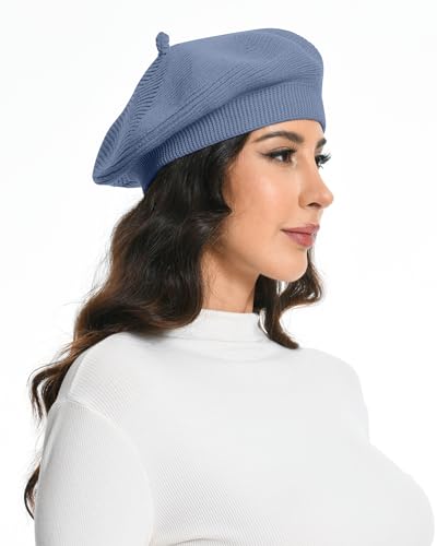 Cotton Knitted Women Beret Hat, French Style Solid Color Beret, Winter Autumn Warm and Soft Beanie Hat - color: Blue