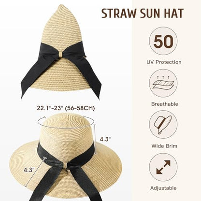 Beach Hats for Women, Sun Straw Hat for Women, UPF 50+ UV Foldable Sun Hat - color: C-beige