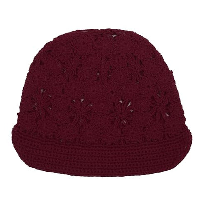 ZLYC Women Summer Slouchy Crochet Hat Handmade Cutout Skull Cap with Visor - color: Plain Burgundy, size: One Size
