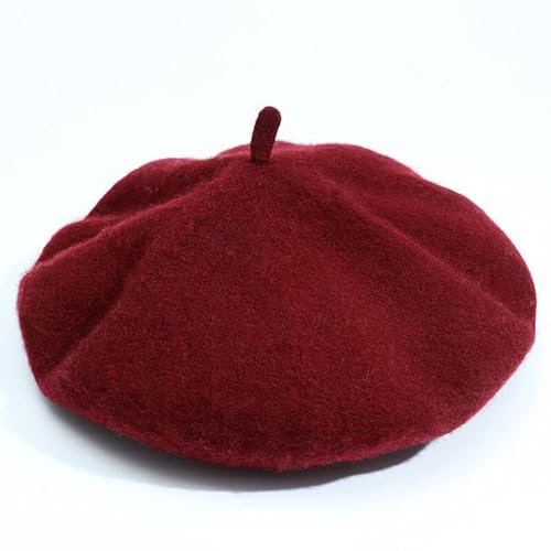 Womens Wool French Beret Chic Solid Beanie Hat Stretchable Classic Beret - color: Claret