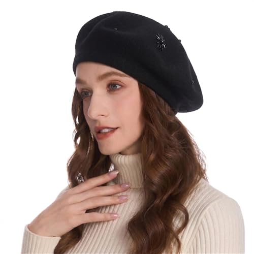 ZLYC Women French Beret Hat Reversible Knit Thickened Warm Artist Cap - color: Plain Black